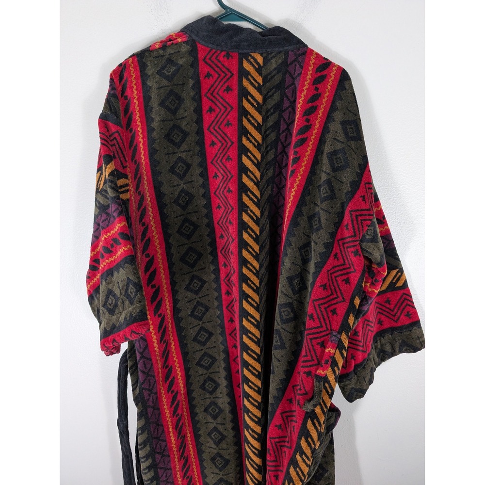 Bill Blass Menswear One Size Robe New Cotton Terry Southwestern Geometric Red - Picture 11 of 11
